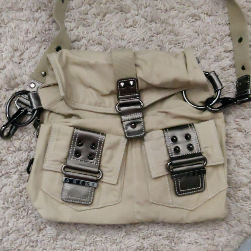 Guess Khaki Denim Crossbody with leather trim